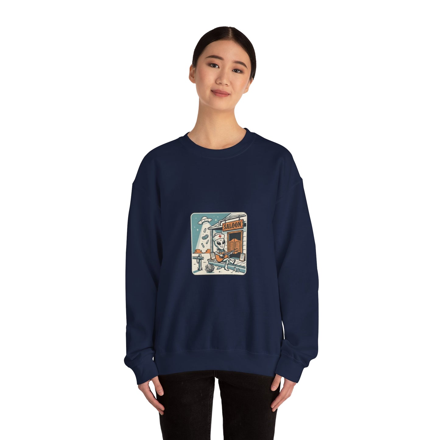 Vintage Desert UFO Crewneck | Retro Alien Western, Distressed Sci‑Fi Graphic