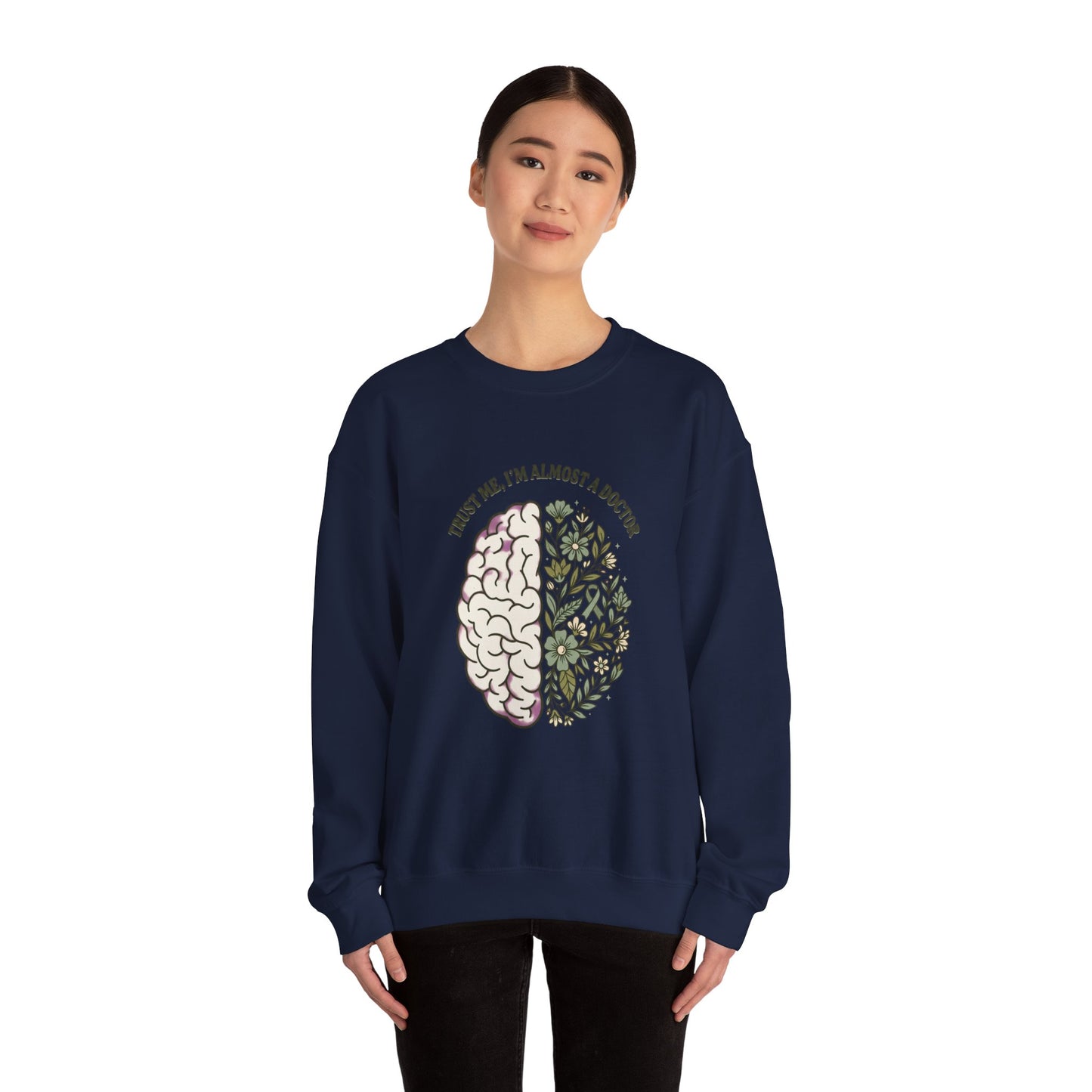 Brain & Floral Illustration Crewneck Sweatshirt | Mental Health Awareness, Green Ribbon