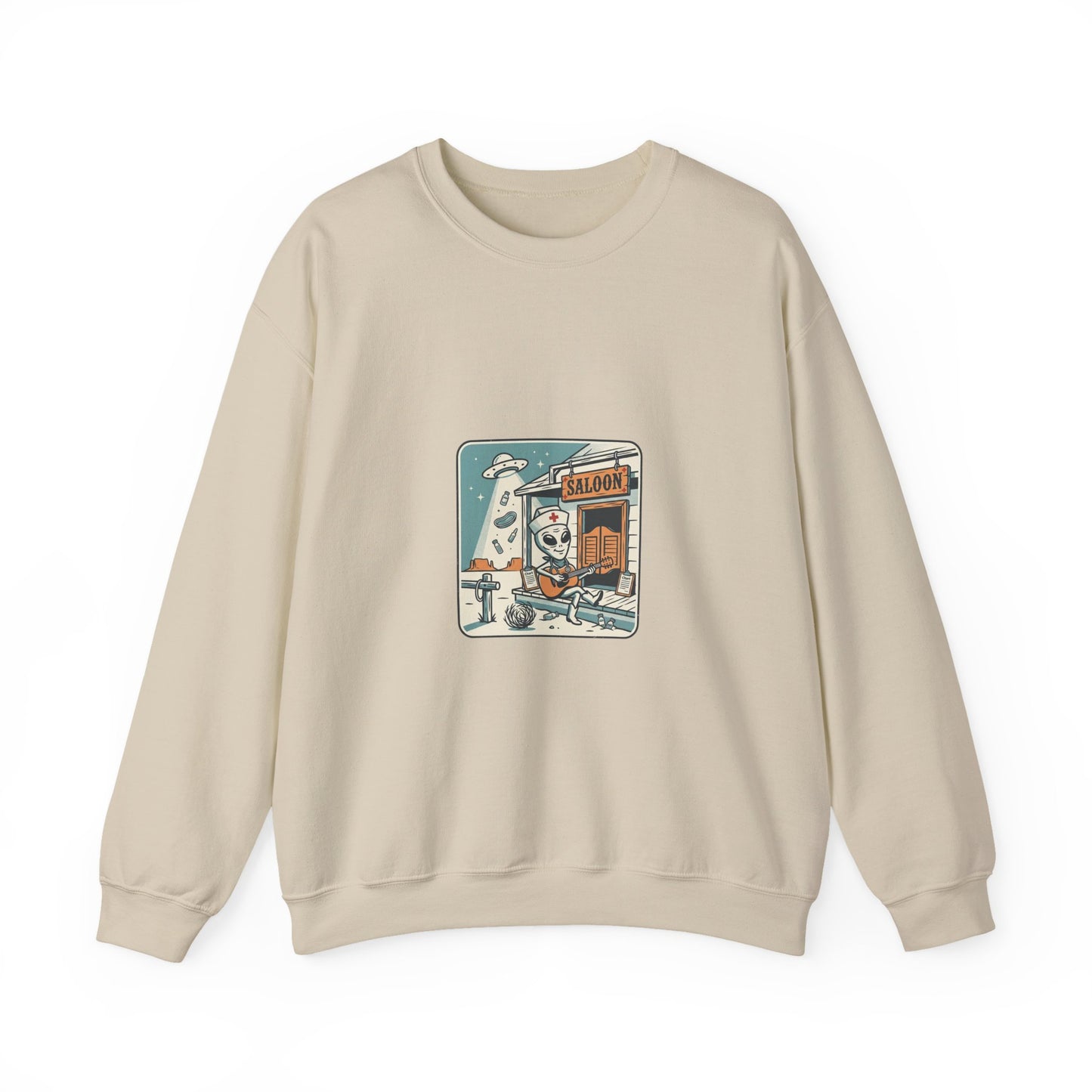 Vintage Desert UFO Crewneck | Retro Alien Western, Distressed Sci‑Fi Graphic