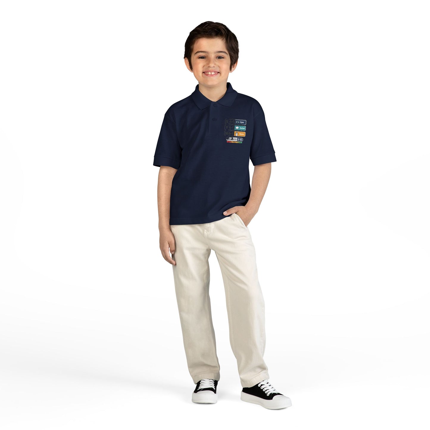 Kids Polo Shirt with Colorful Camping Icons — Outdoor Adventure Badge Design