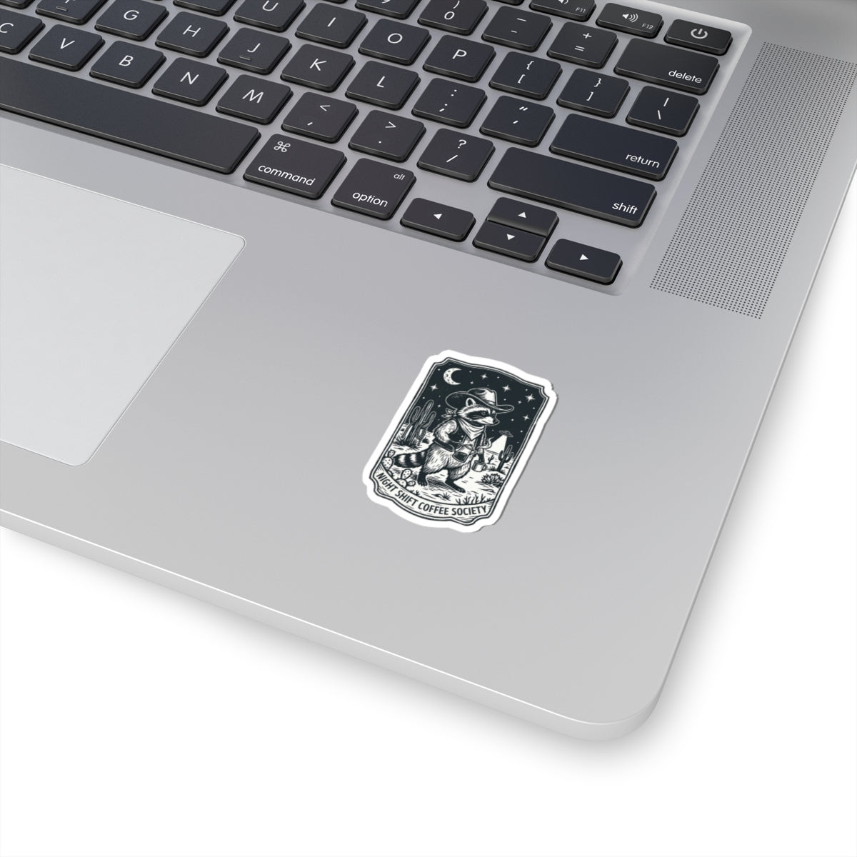 Night Shift Coffee Society Sticker | Retro UFO Cowboy Raccoon, Desert Alien Aesthetic