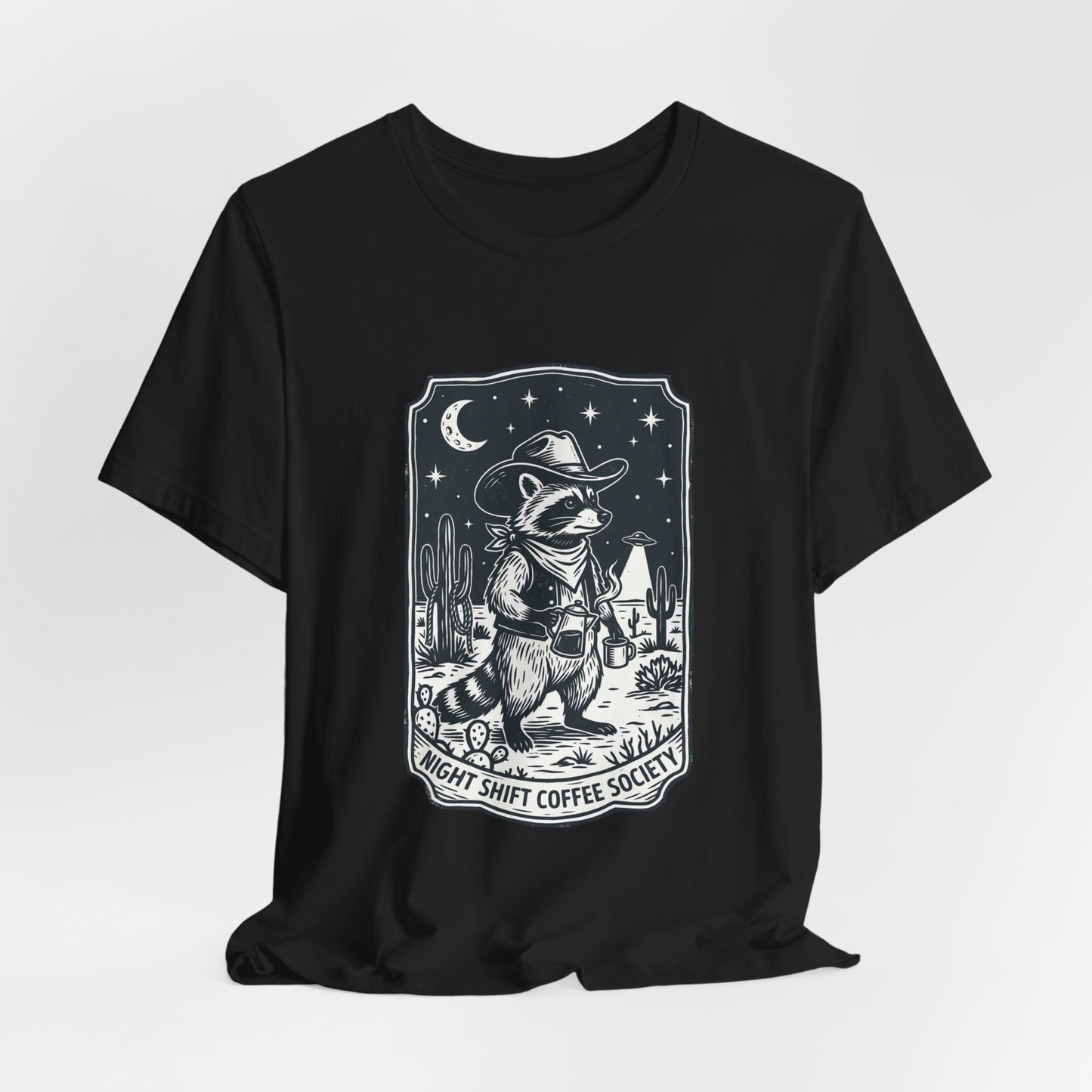 Night Shift Coffee Society Tee | Retro UFO Desert Alien Graphic