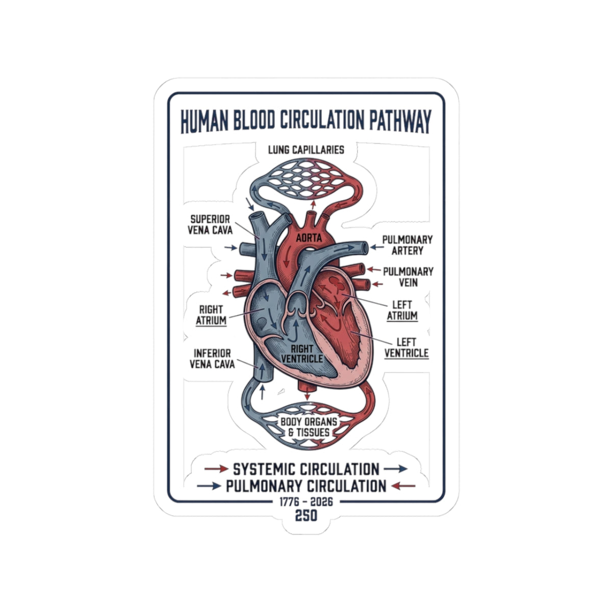 250th Anniversary Patriotic Heart Diagram Sticker | 4th of July Commemorative