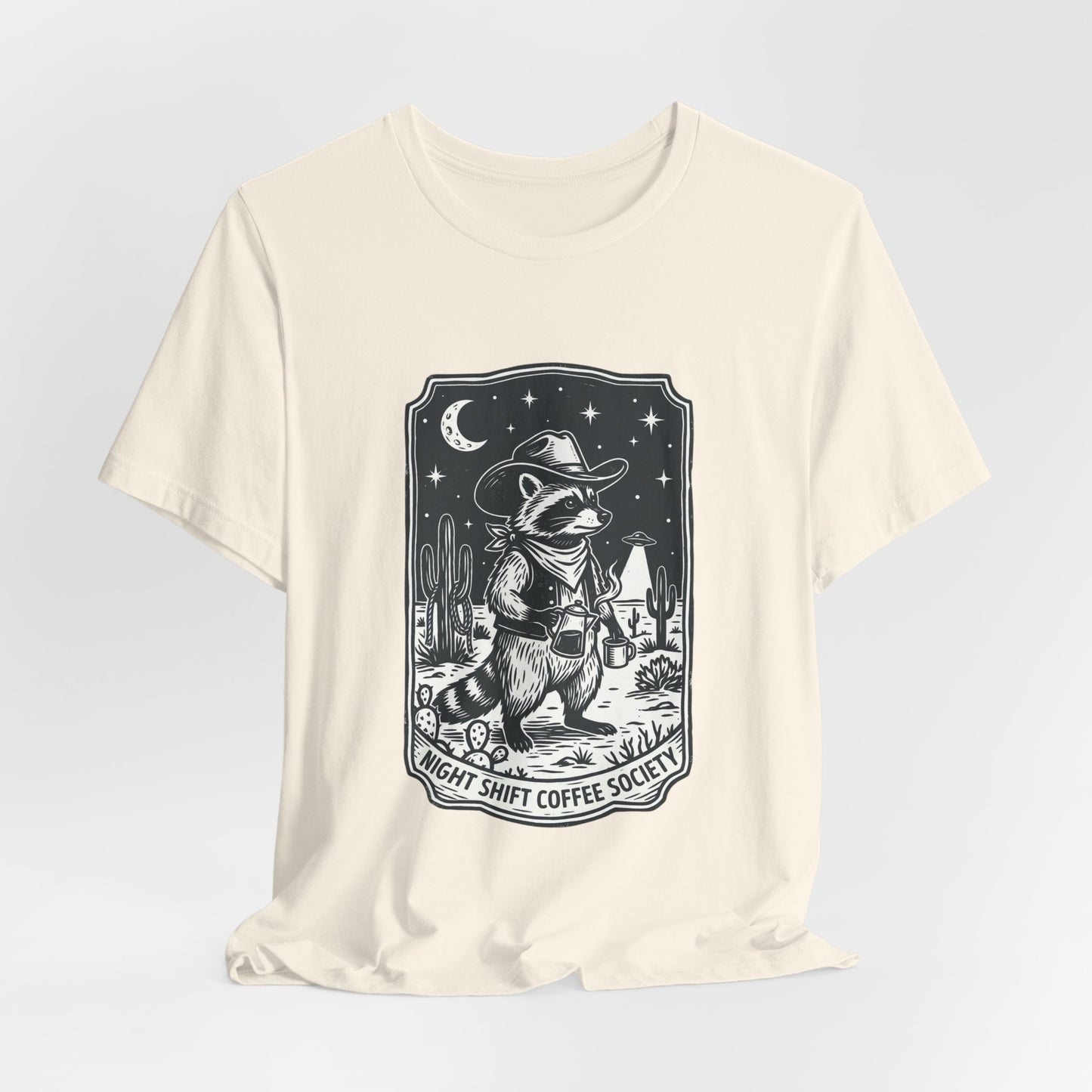 Night Shift Coffee Society Tee | Retro UFO Desert Alien Graphic