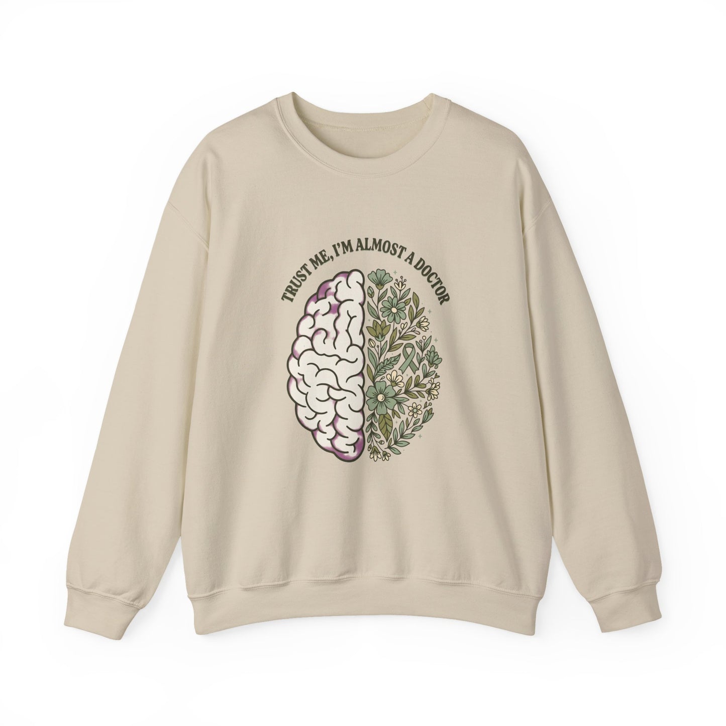 Brain & Floral Illustration Crewneck Sweatshirt | Mental Health Awareness, Green Ribbon