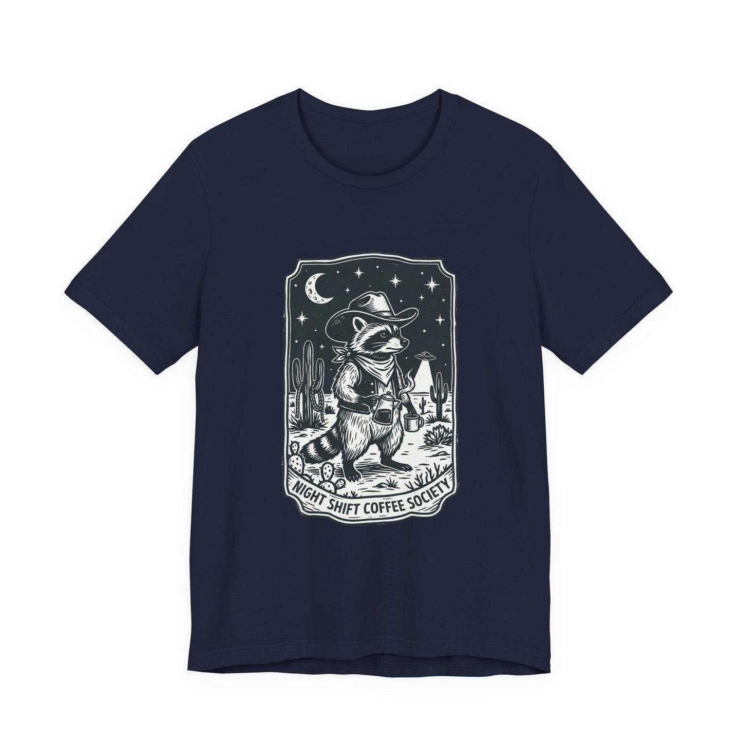 Night Shift Coffee Society Tee | Retro UFO Desert Alien Graphic