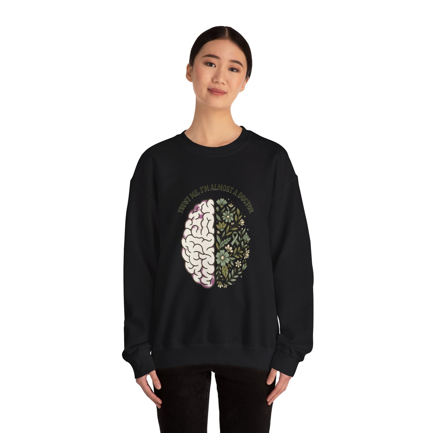 Brain & Floral Illustration Crewneck Sweatshirt | Mental Health Awareness, Green Ribbon