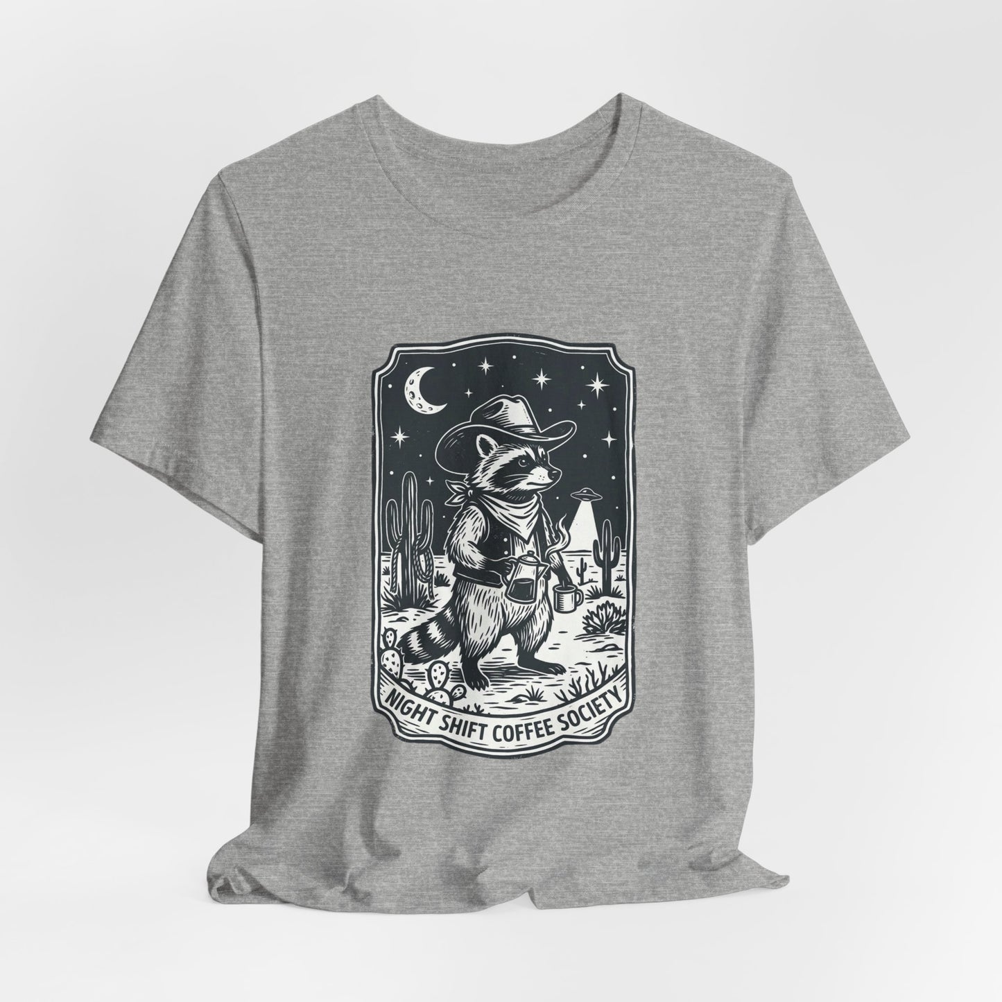 Night Shift Coffee Society Tee | Retro UFO Desert Alien Graphic