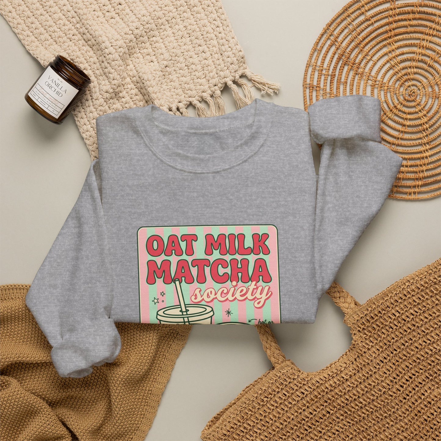 Oat Milk Matcha Society Crewneck Sweatshirt | Matcha Girl Cafe Aesthetic