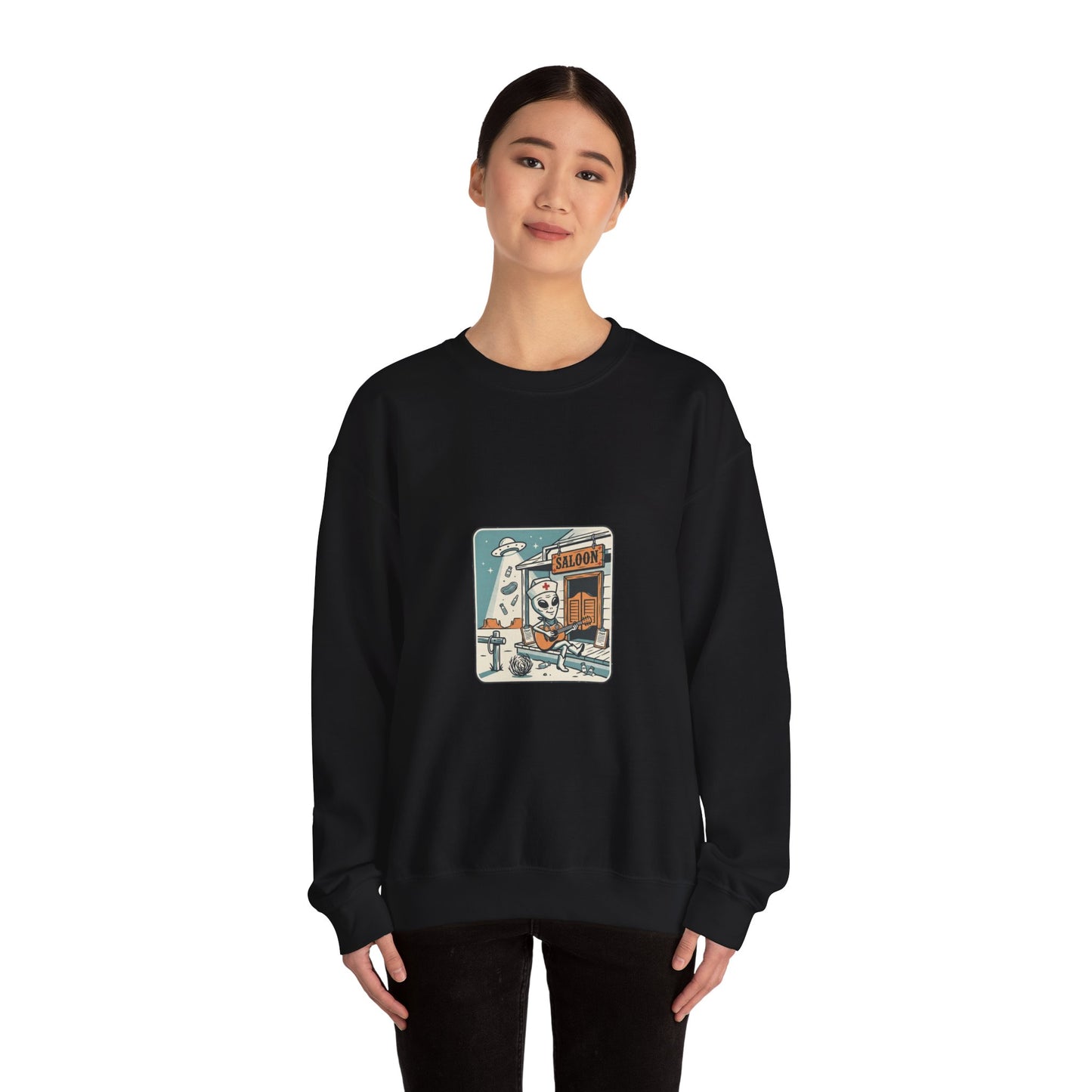 Vintage Desert UFO Crewneck | Retro Alien Western, Distressed Sci‑Fi Graphic