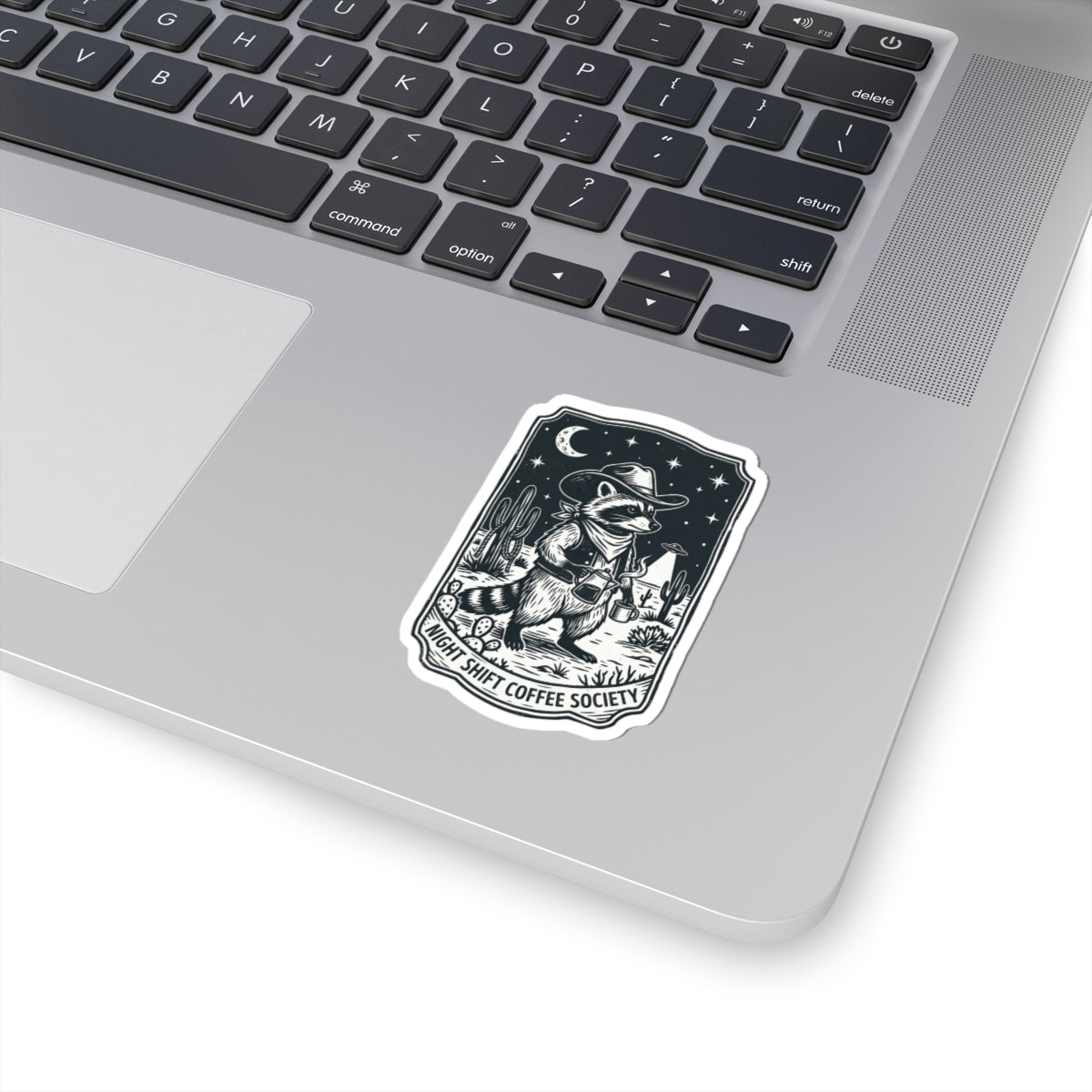 Night Shift Coffee Society Sticker | Retro UFO Cowboy Raccoon, Desert Alien Aesthetic