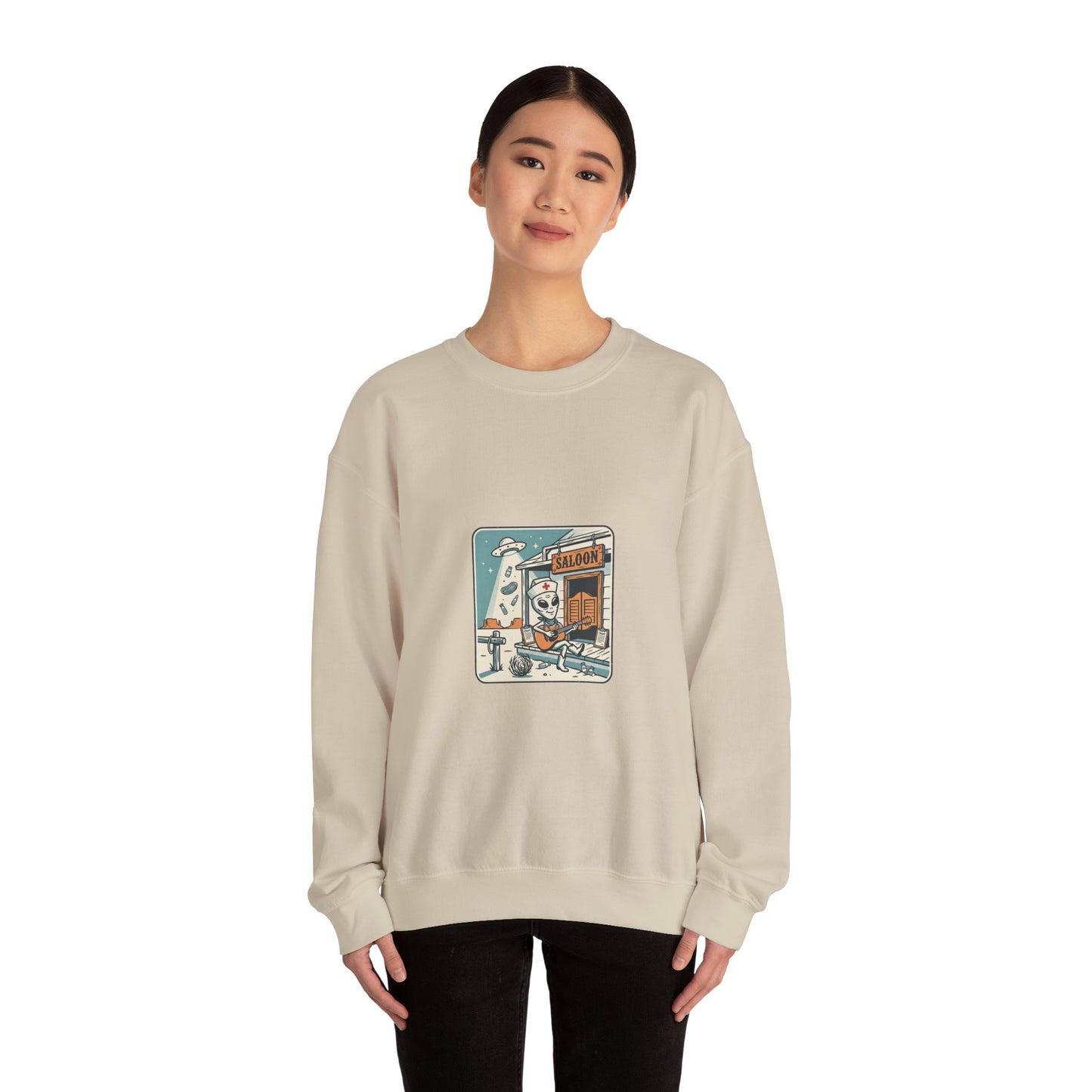 Vintage Desert UFO Crewneck | Retro Alien Western, Distressed Sci‑Fi Graphic
