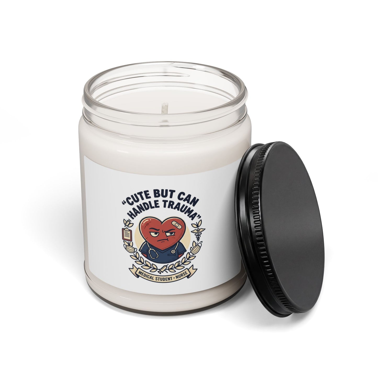 Cute But Can Handle Trauma Candle, soy jar, minimal meme, black on white