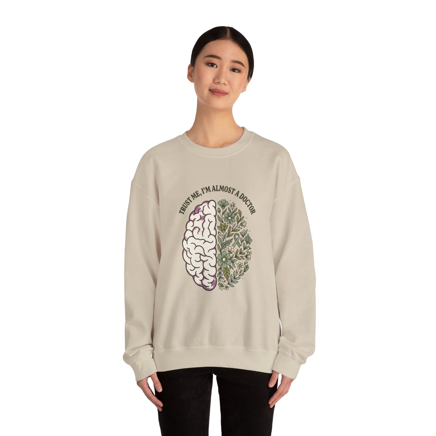 Brain & Floral Illustration Crewneck Sweatshirt | Mental Health Awareness, Green Ribbon