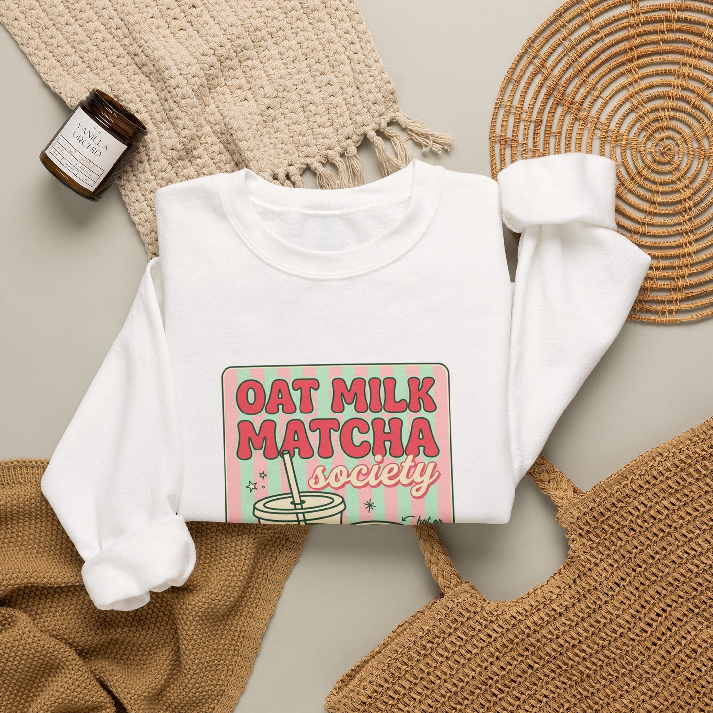 Oat Milk Matcha Society Crewneck Sweatshirt | Matcha Girl Cafe Aesthetic