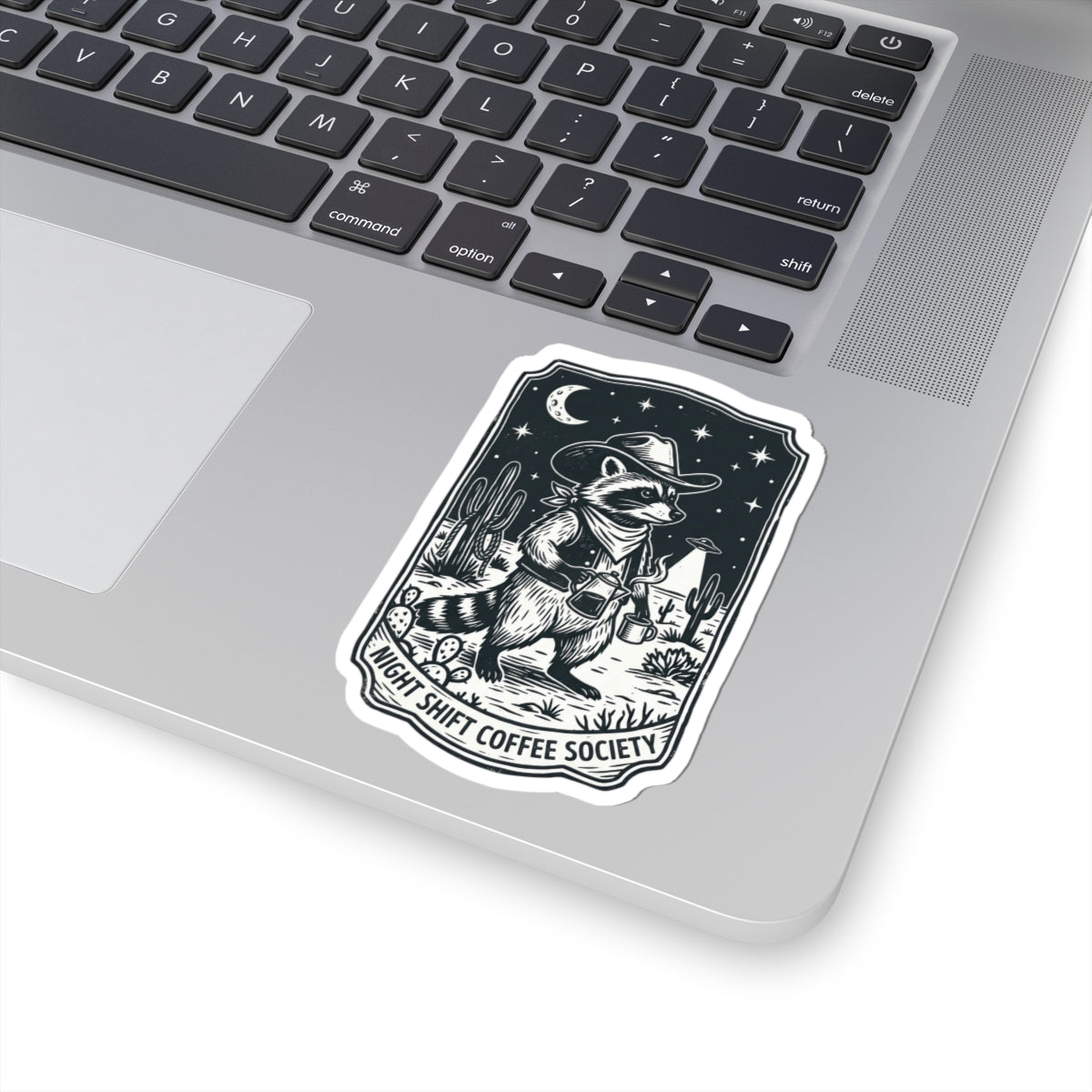 Night Shift Coffee Society Sticker | Retro UFO Cowboy Raccoon, Desert Alien Aesthetic