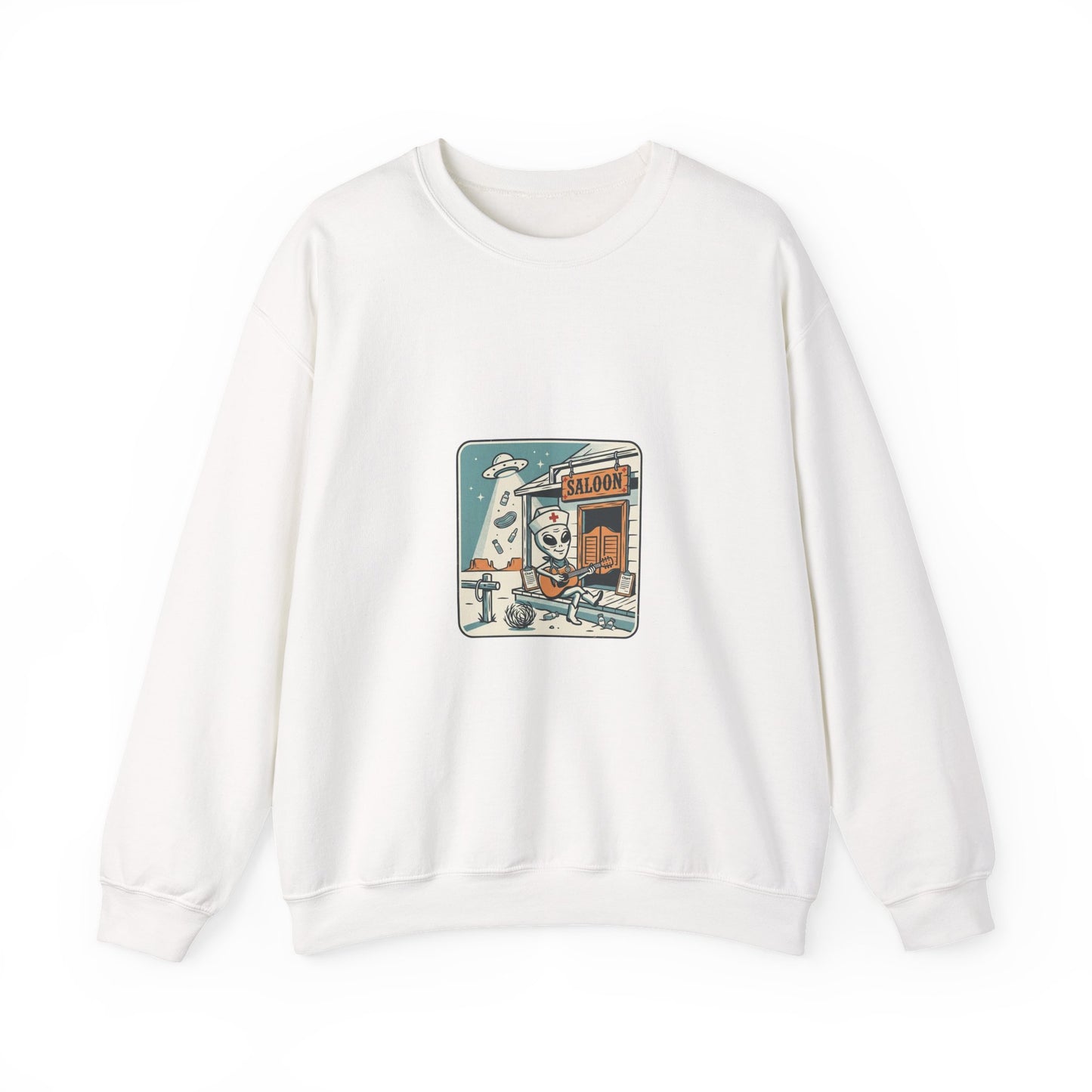 Vintage Desert UFO Crewneck | Retro Alien Western, Distressed Sci‑Fi Graphic