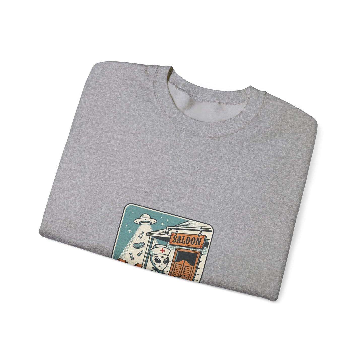 Vintage Desert UFO Crewneck | Retro Alien Western, Distressed Sci‑Fi Graphic