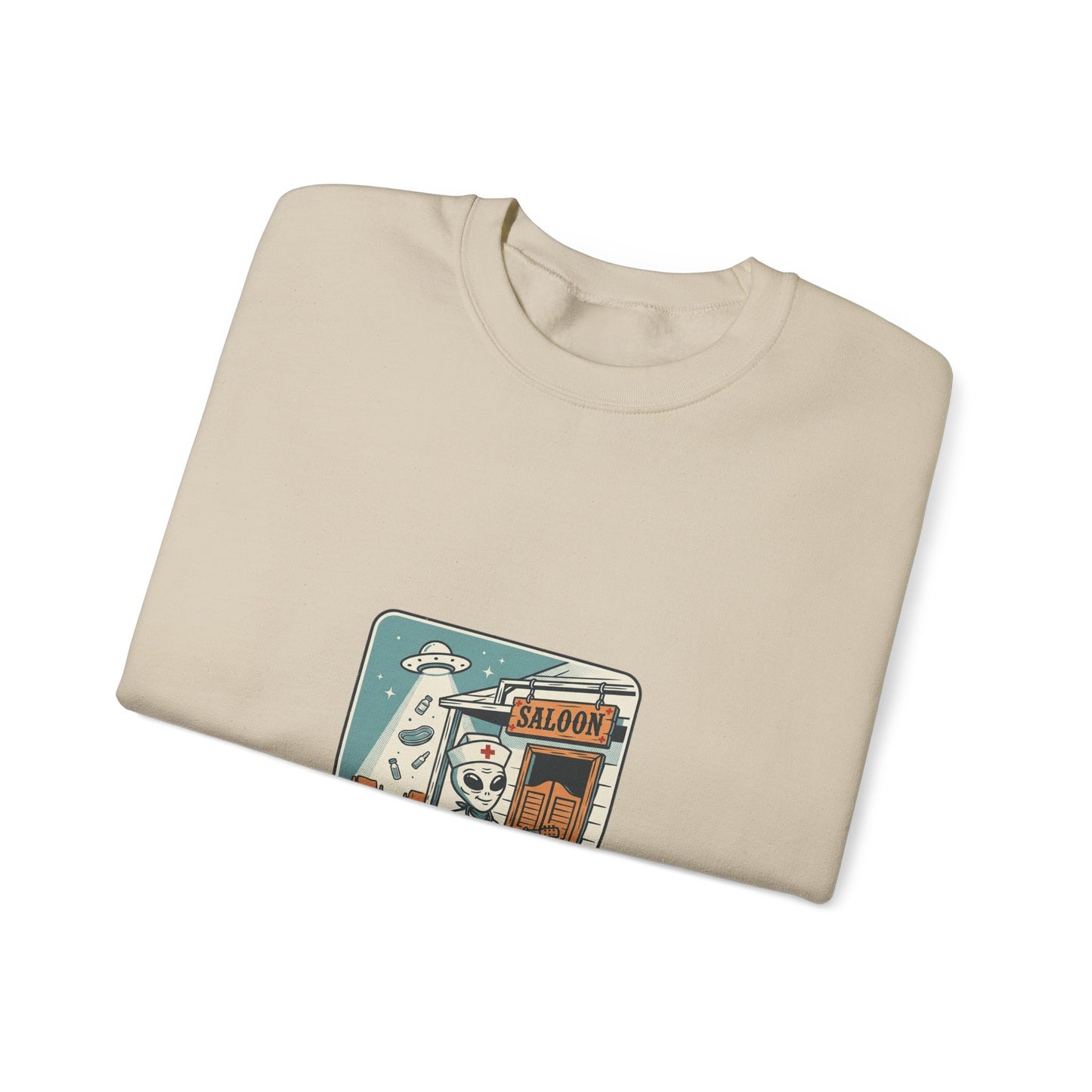 Vintage Desert UFO Crewneck | Retro Alien Western, Distressed Sci‑Fi Graphic