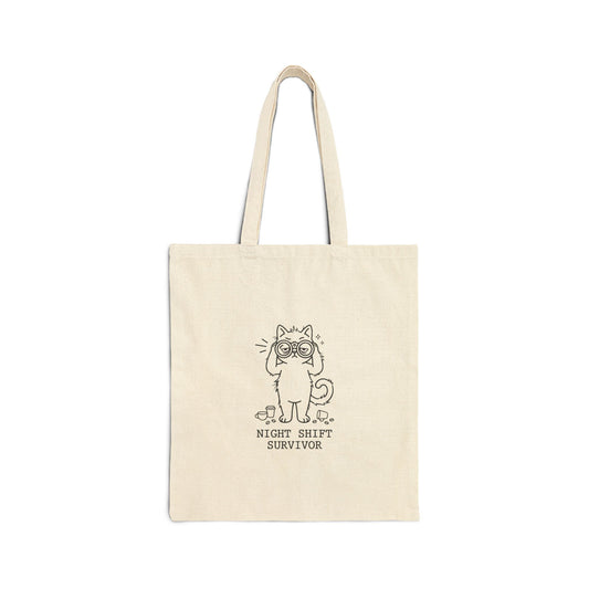 Night Shift Survivor Cat Tote | Whimsical Doodle Cat, Cat-Centric Novelty