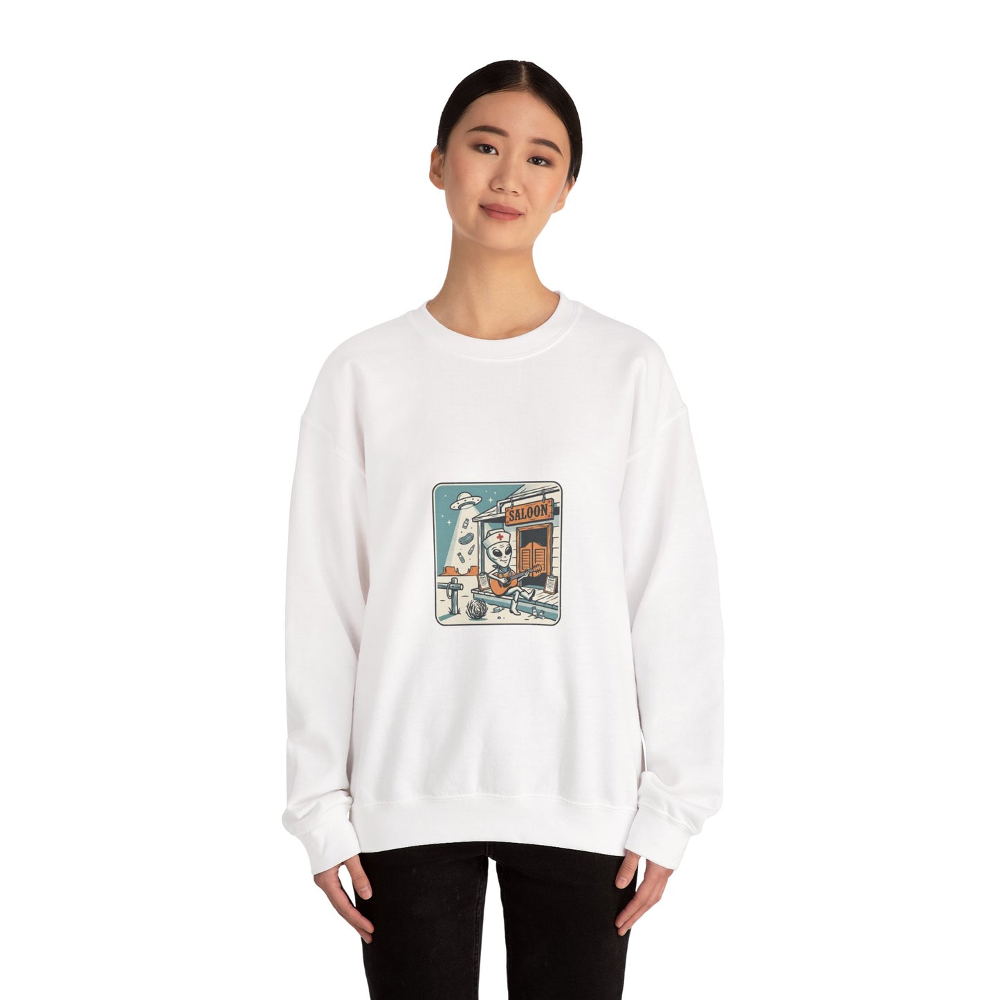 Vintage Desert UFO Crewneck | Retro Alien Western, Distressed Sci‑Fi Graphic