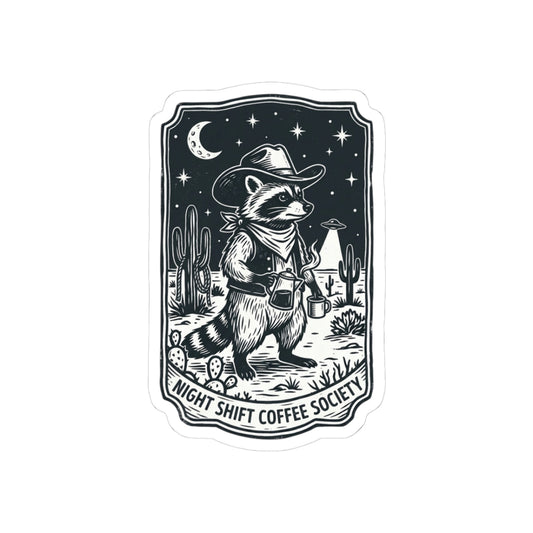 Night Shift Coffee Society Sticker | Retro UFO Cowboy Raccoon, Desert Alien Aesthetic