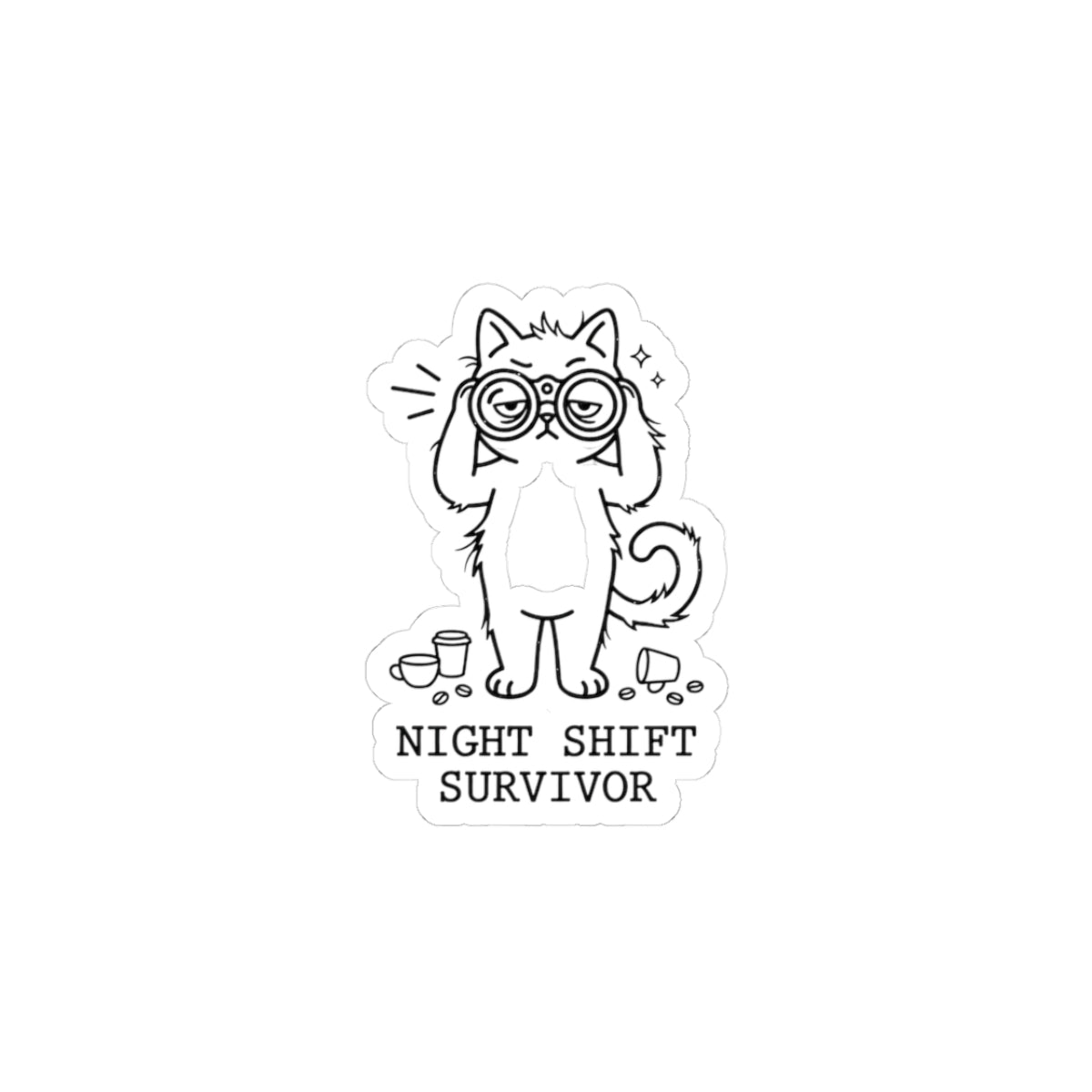 Night Shift Survivor Cat Sticker | Cute Doodle Cat, Whimsical Novelty