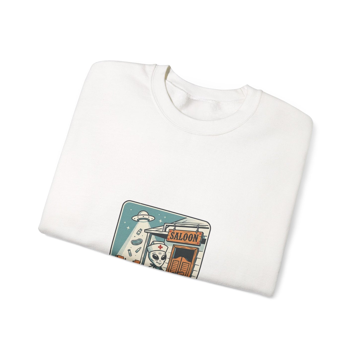 Vintage Desert UFO Crewneck | Retro Alien Western, Distressed Sci‑Fi Graphic