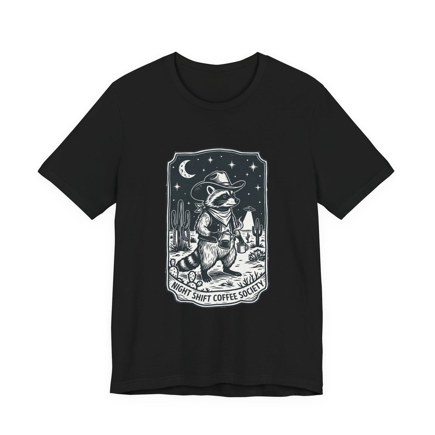 Night Shift Coffee Society Tee | Retro UFO Desert Alien Graphic