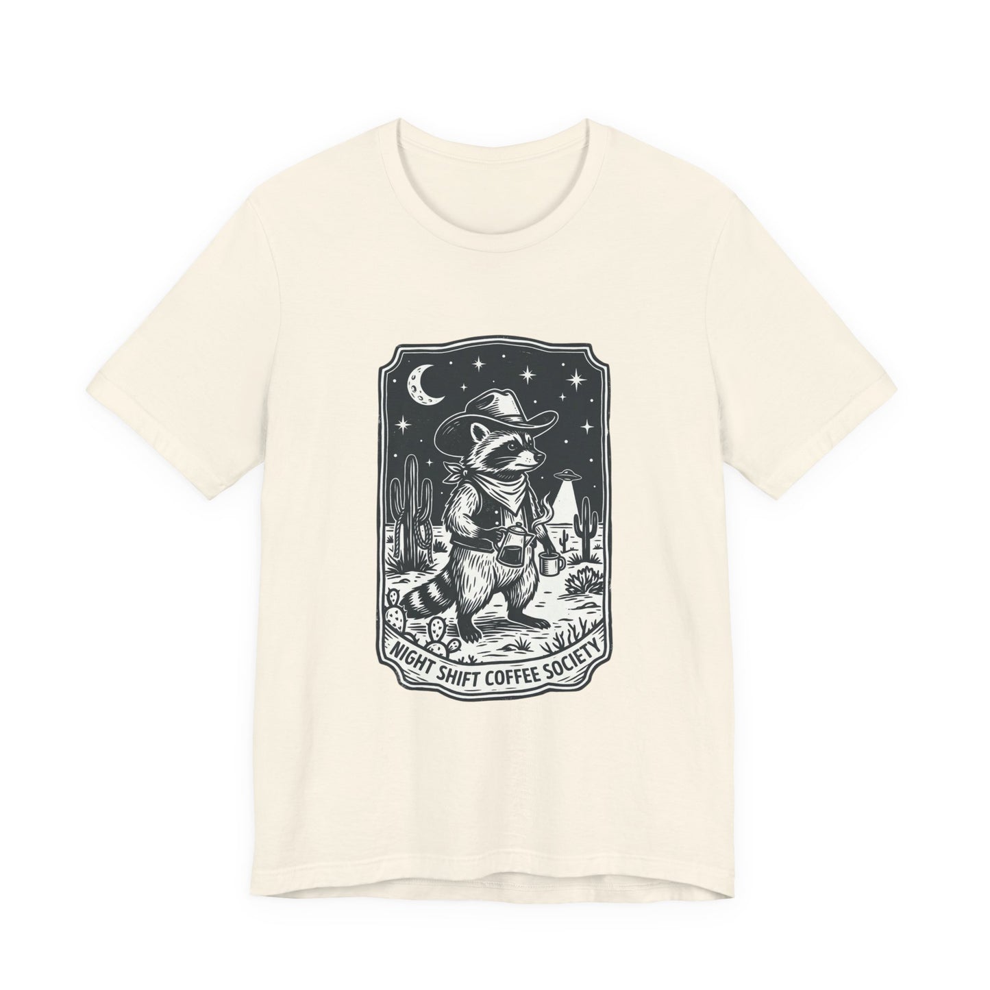Night Shift Coffee Society Tee | Retro UFO Desert Alien Graphic