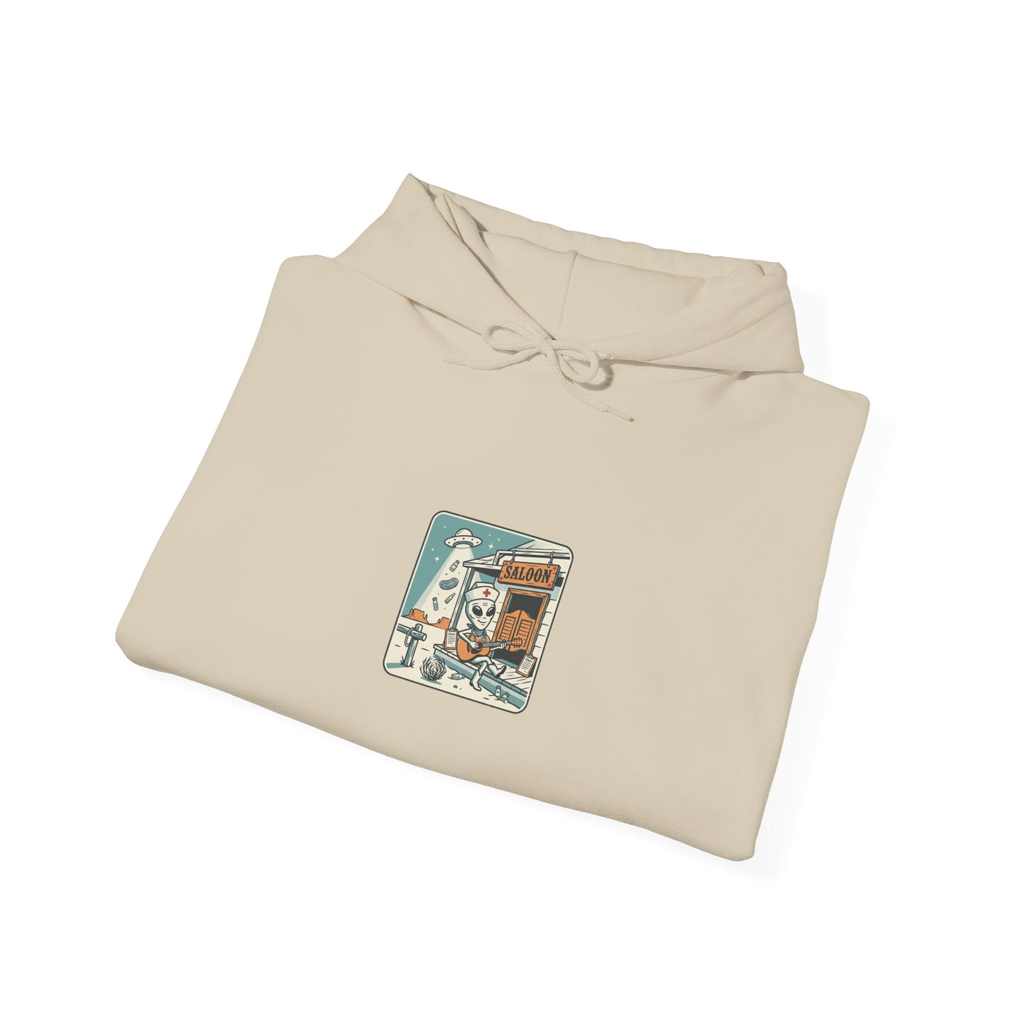 Retro UFO Desert Scene Hoodie | Vintage Alien Abduction Western Graphic