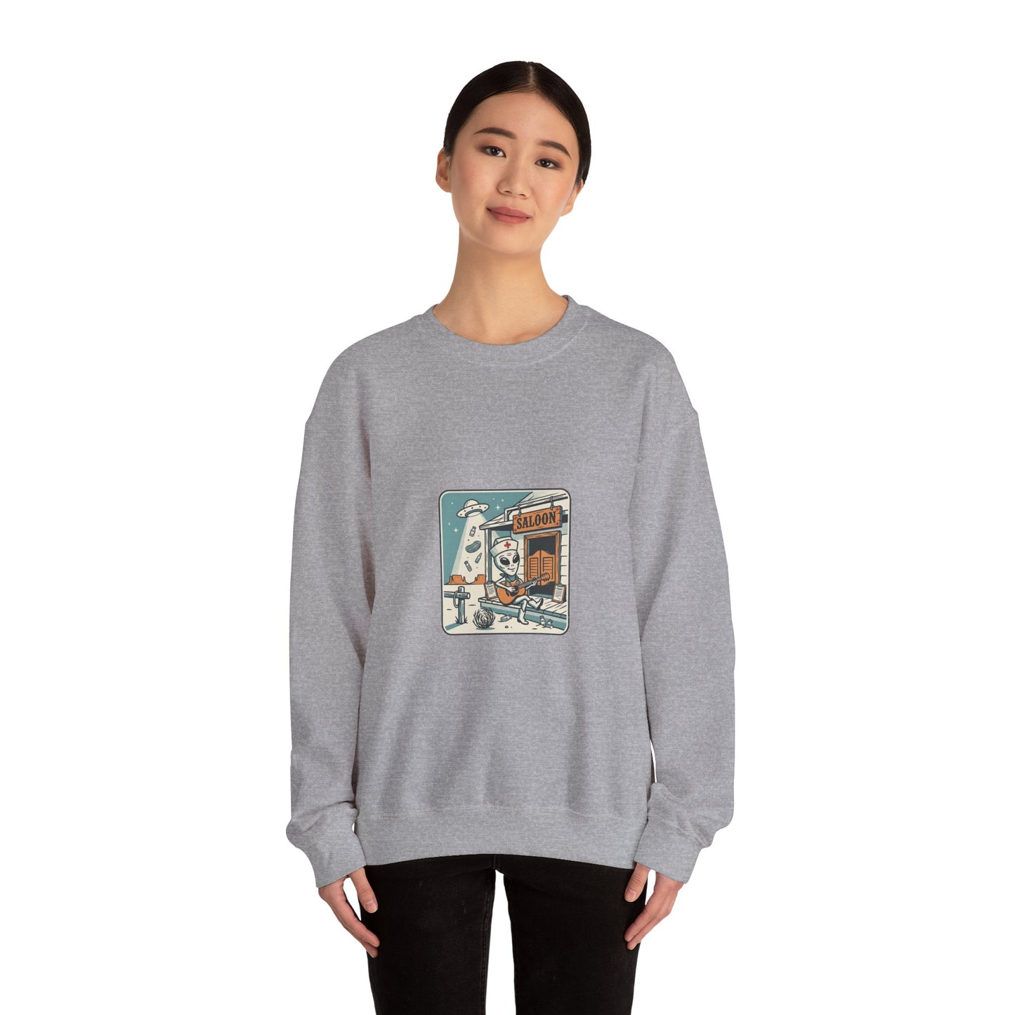 Vintage Desert UFO Crewneck | Retro Alien Western, Distressed Sci‑Fi Graphic