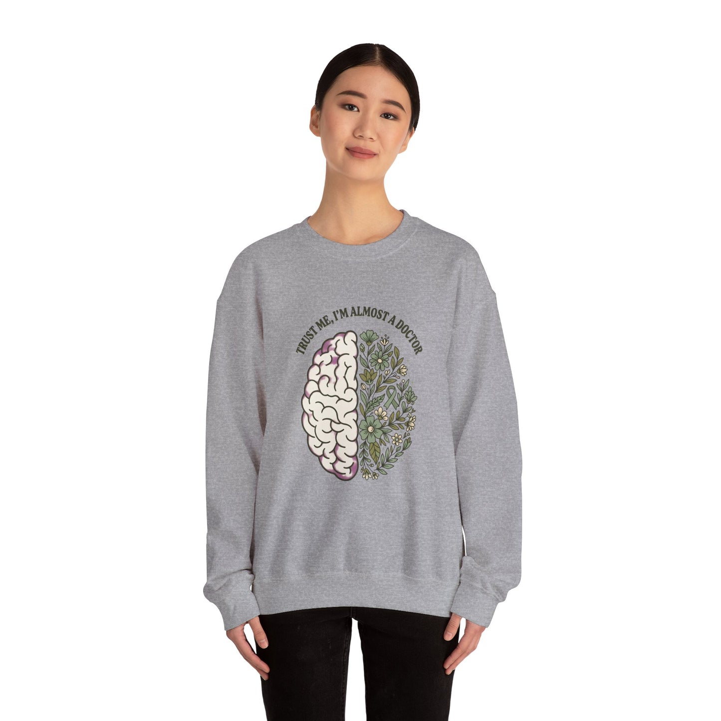 Brain & Floral Illustration Crewneck Sweatshirt | Mental Health Awareness, Green Ribbon