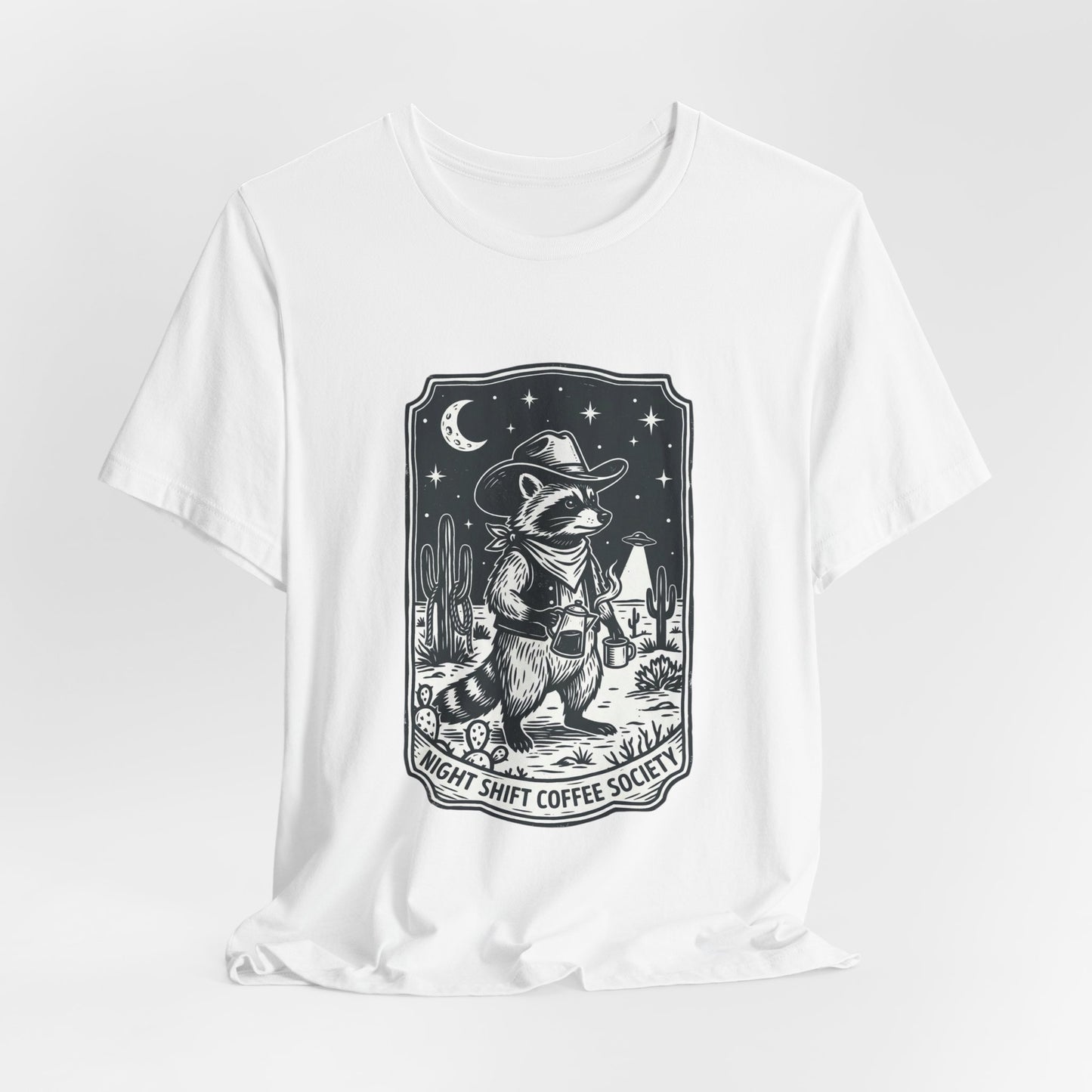 Night Shift Coffee Society Tee | Retro UFO Desert Alien Graphic