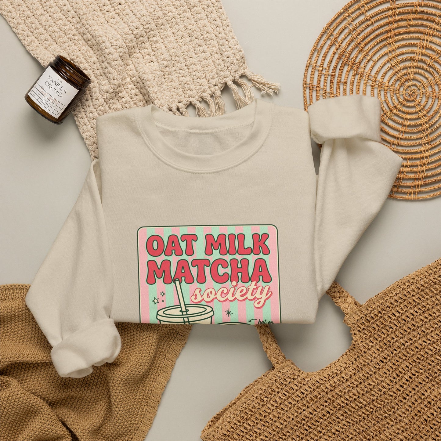 Oat Milk Matcha Society Crewneck Sweatshirt | Matcha Girl Cafe Aesthetic