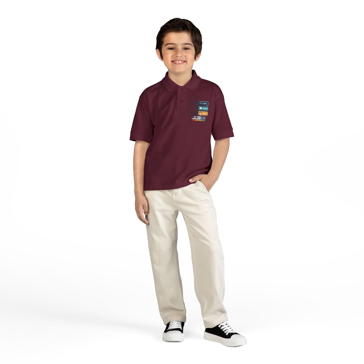 Kids Polo Shirt with Colorful Camping Icons — Outdoor Adventure Badge Design