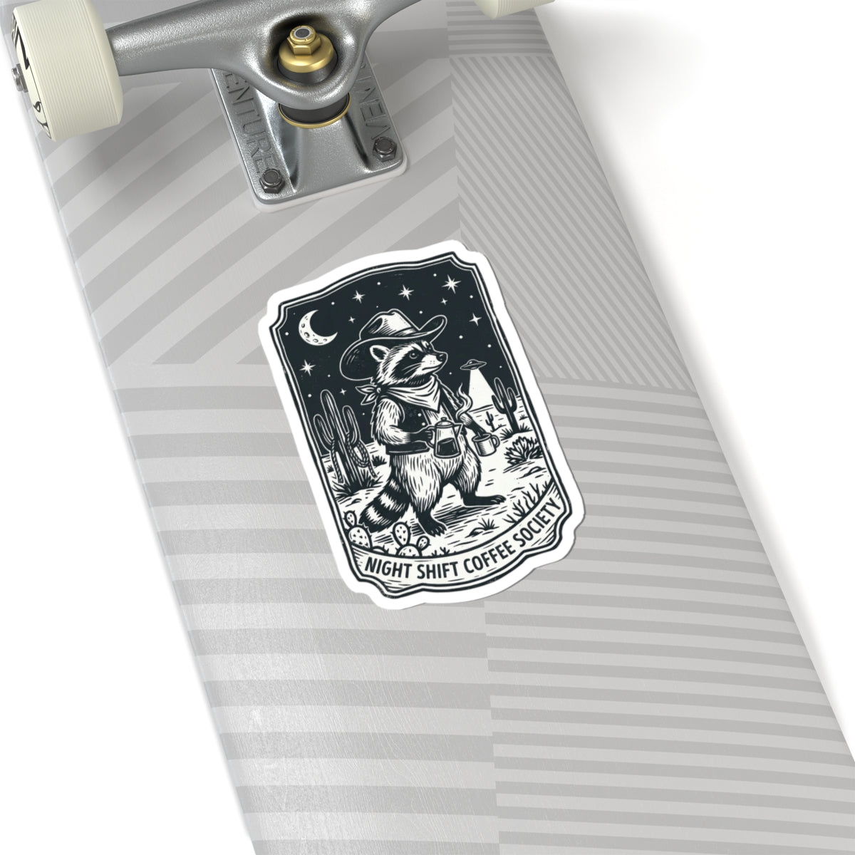 Night Shift Coffee Society Sticker | Retro UFO Cowboy Raccoon, Desert Alien Aesthetic