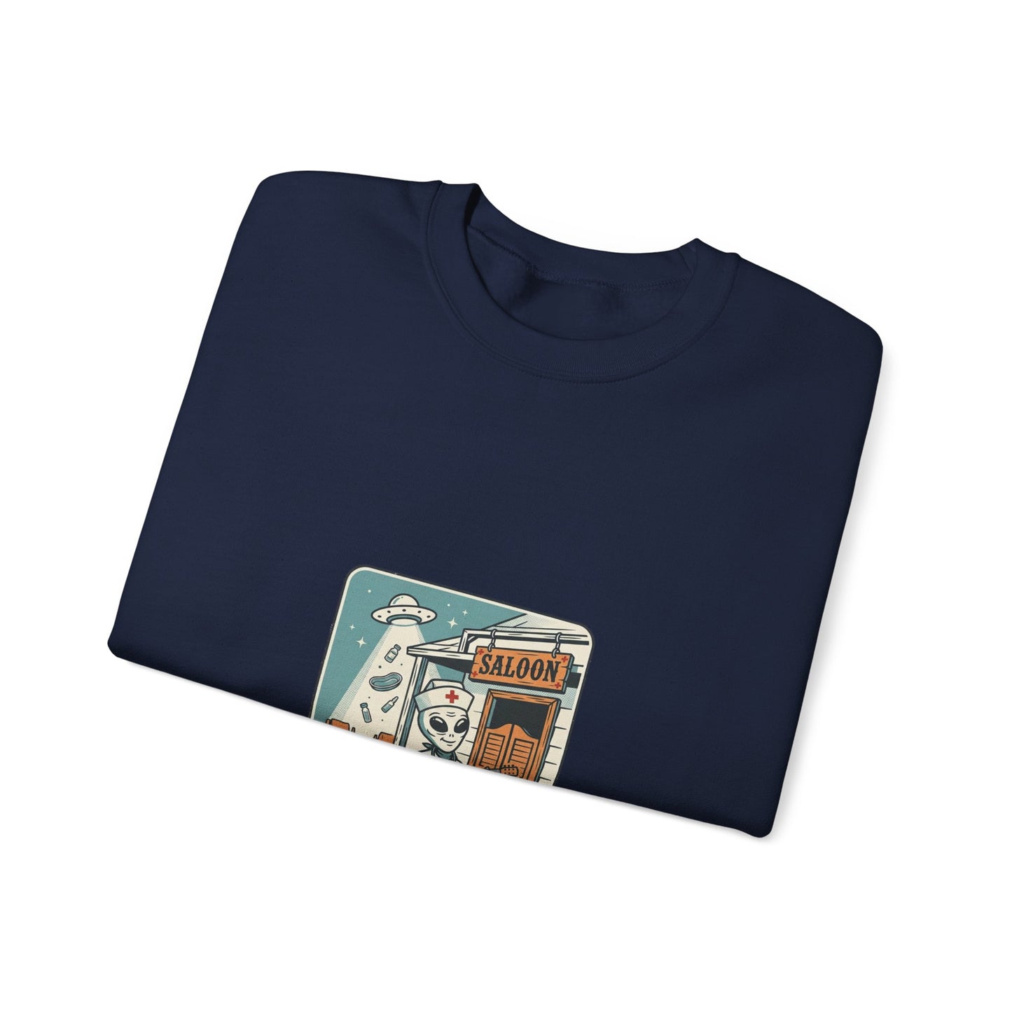 Vintage Desert UFO Crewneck | Retro Alien Western, Distressed Sci‑Fi Graphic