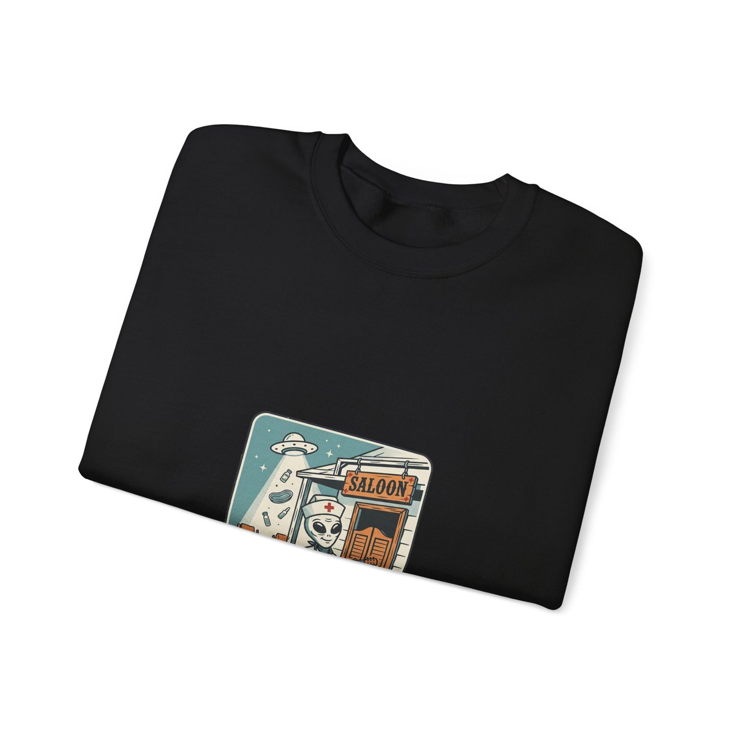 Vintage Desert UFO Crewneck | Retro Alien Western, Distressed Sci‑Fi Graphic