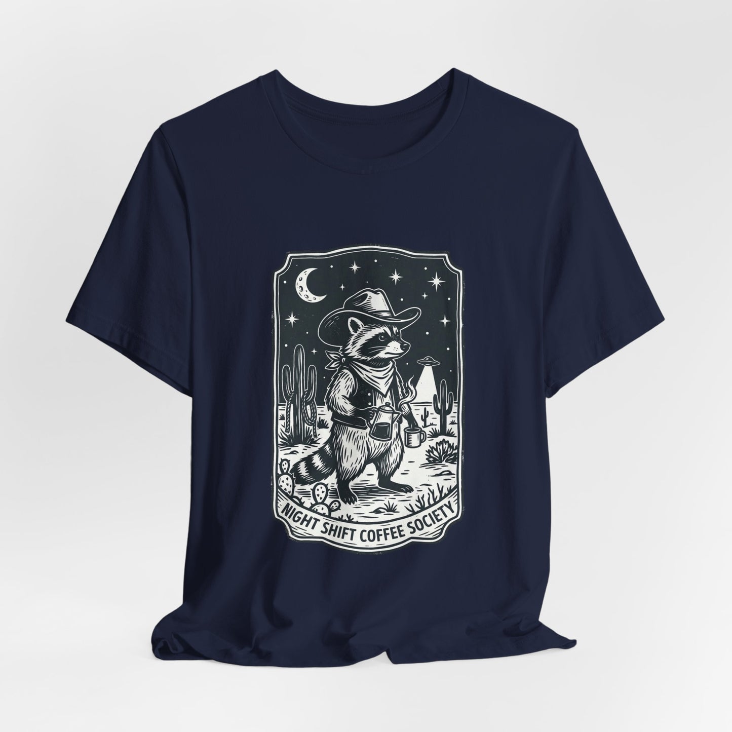 Night Shift Coffee Society Tee | Retro UFO Desert Alien Graphic