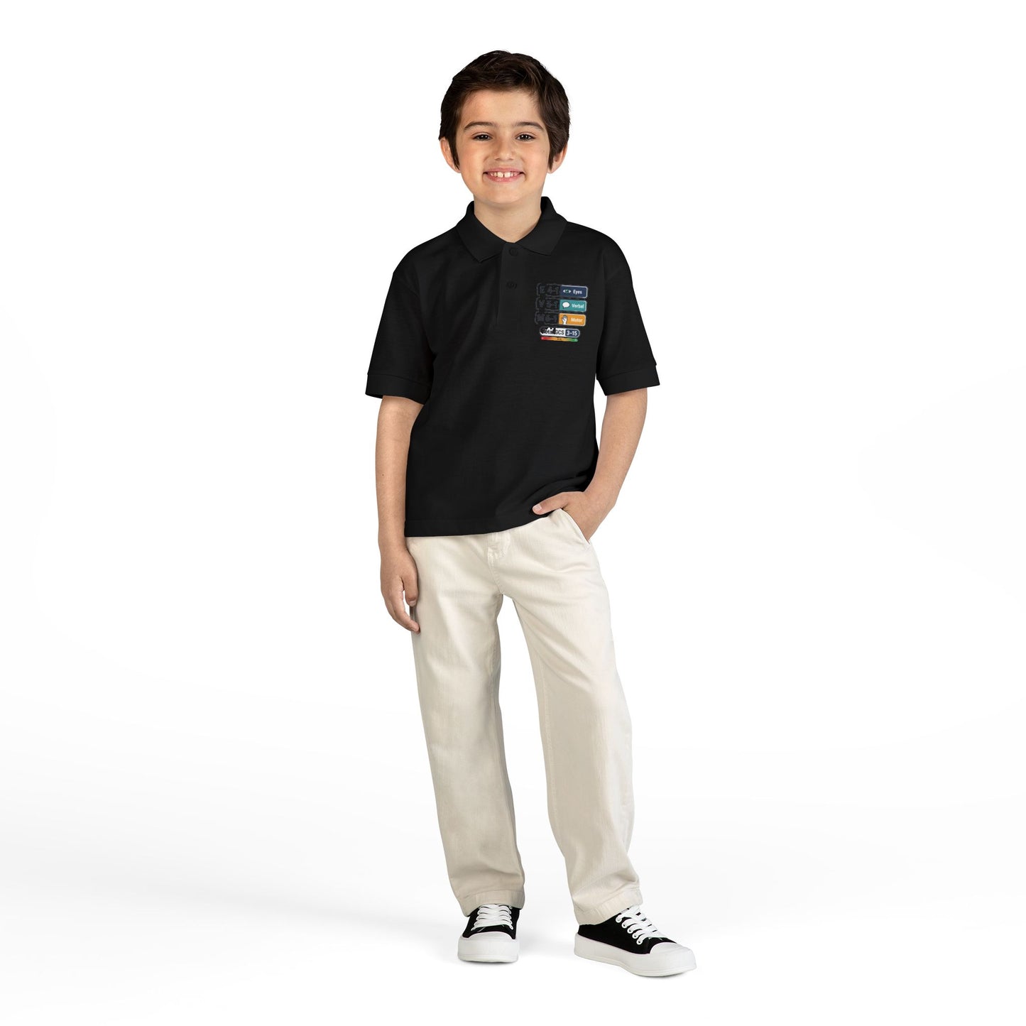 Kids Polo Shirt with Colorful Camping Icons — Outdoor Adventure Badge Design