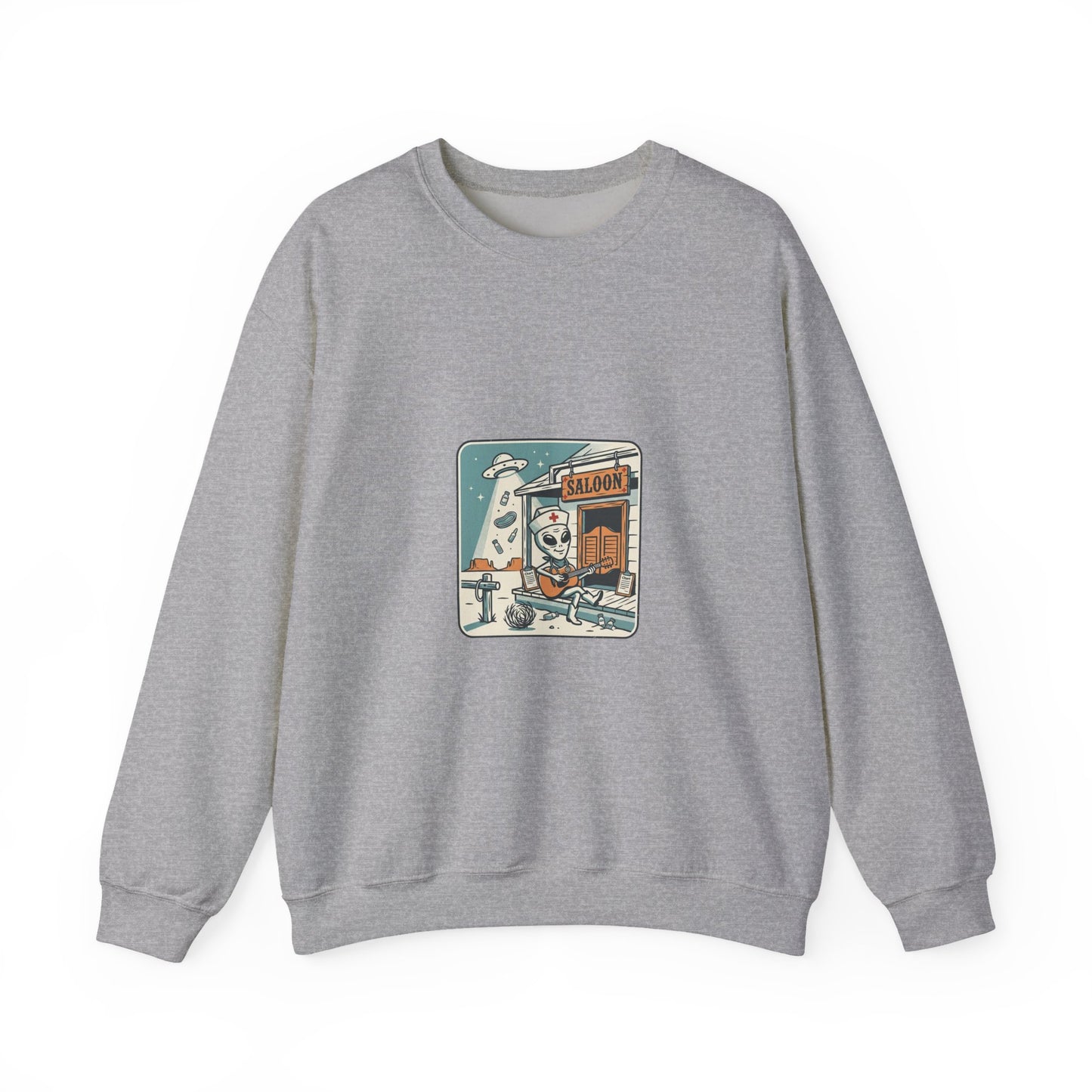 Vintage Desert UFO Crewneck | Retro Alien Western, Distressed Sci‑Fi Graphic