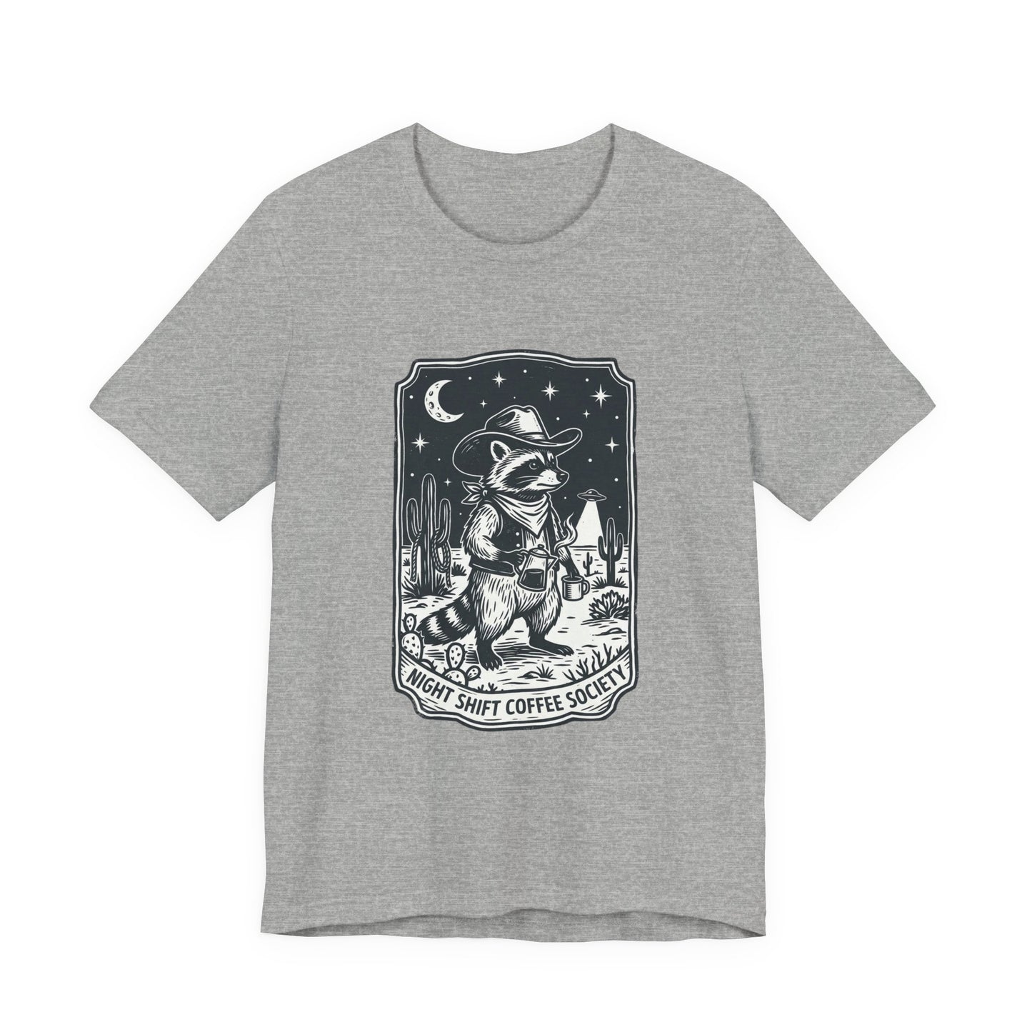 Night Shift Coffee Society Tee | Retro UFO Desert Alien Graphic