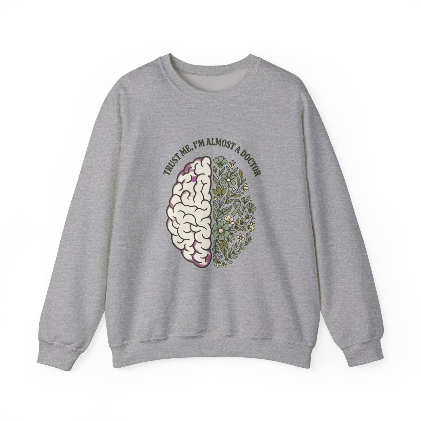 Brain & Floral Illustration Crewneck Sweatshirt | Mental Health Awareness, Green Ribbon