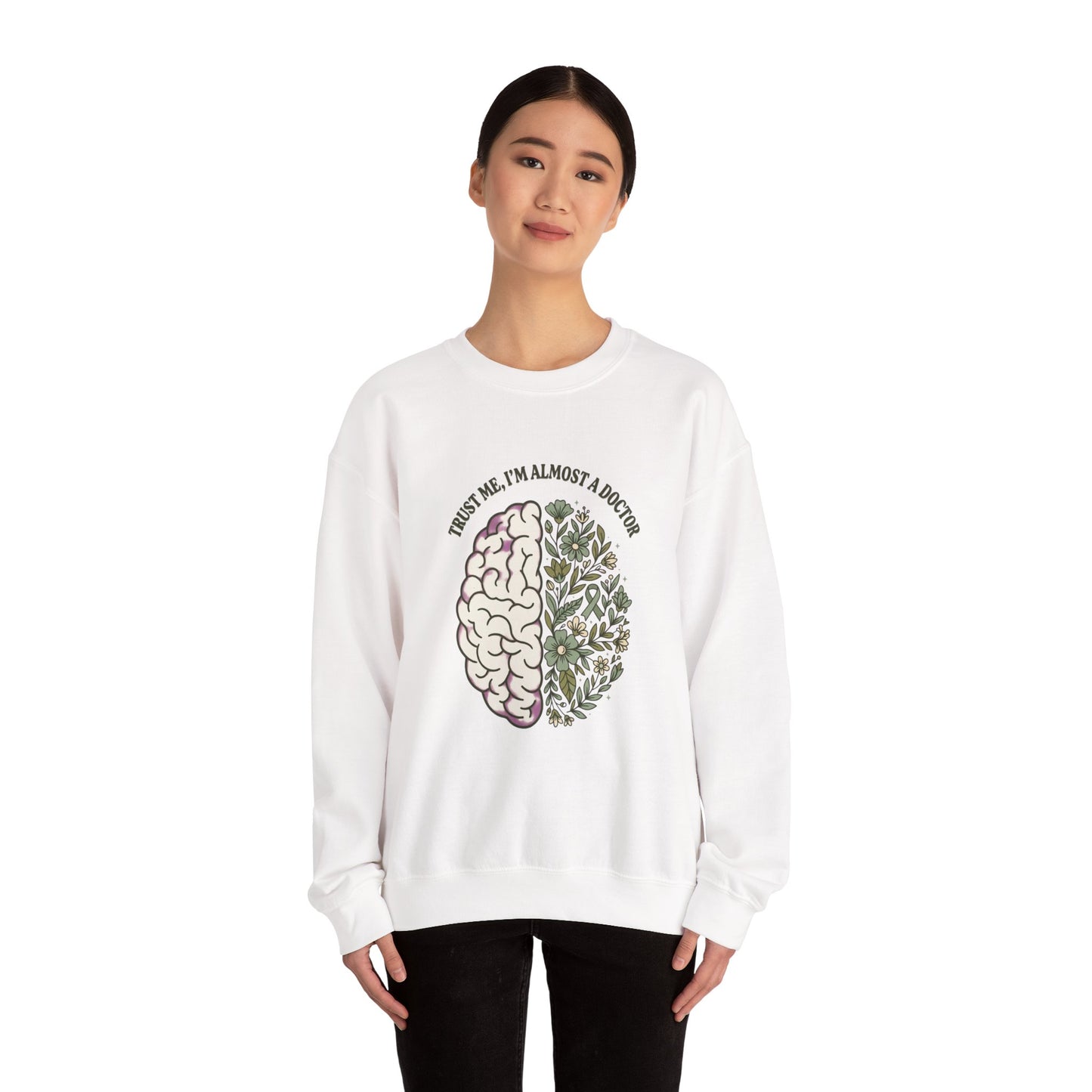 Brain & Floral Illustration Crewneck Sweatshirt | Mental Health Awareness, Green Ribbon